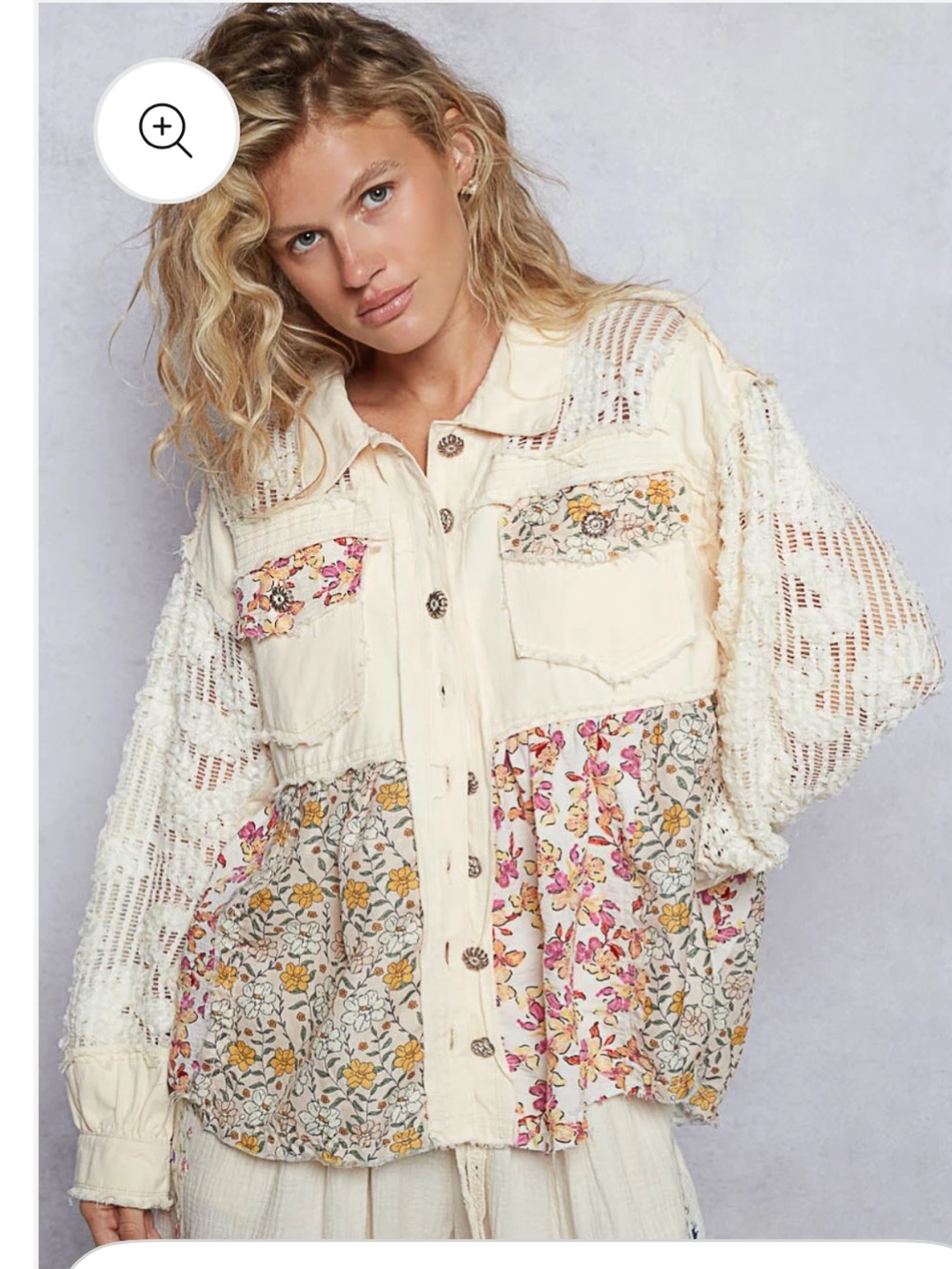 POL Balloon Sleeve Eyelet Lace Floral Mixed Media Shacket Jacket Top Size Large